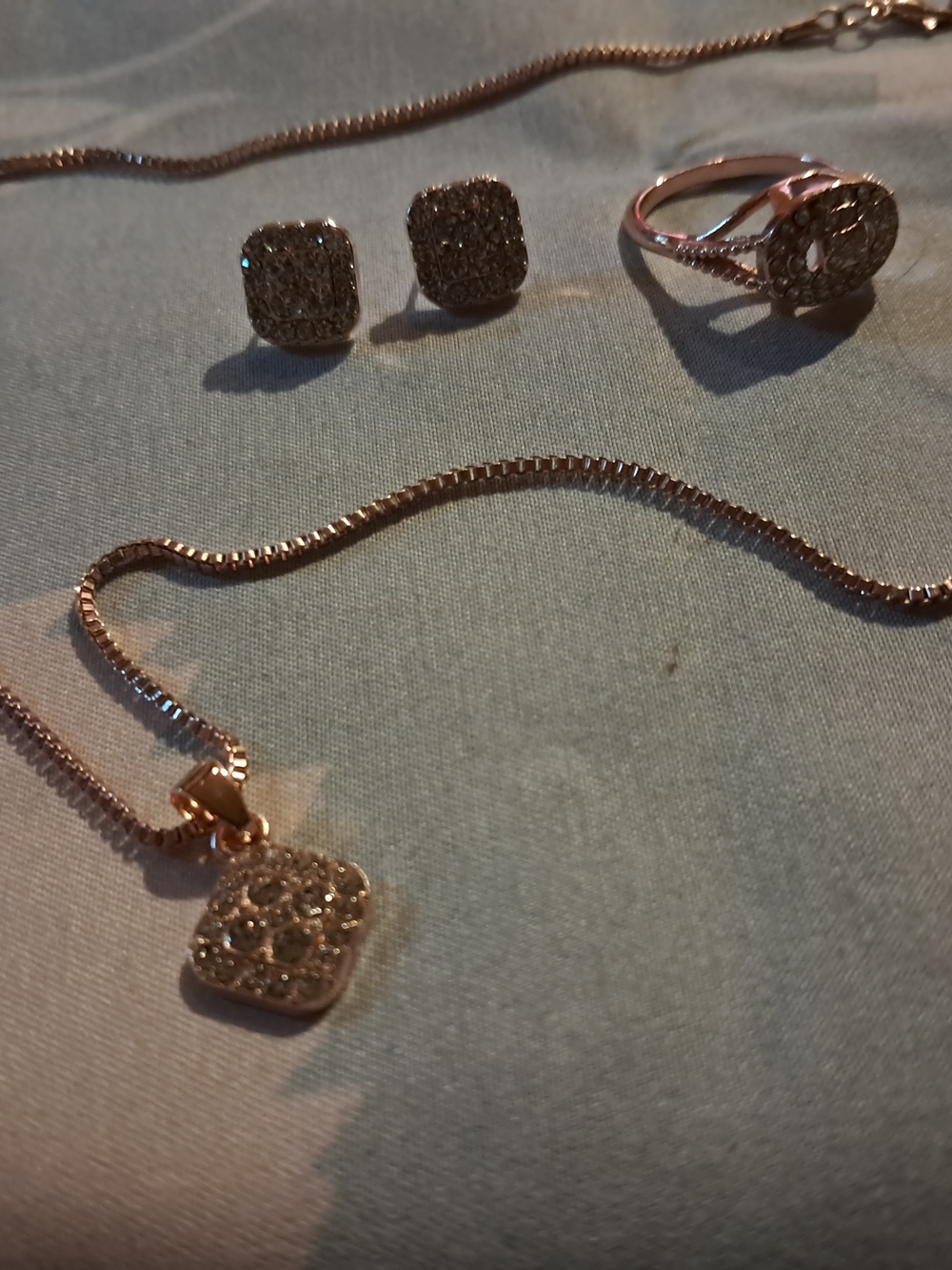 Rose Gold Pave Square Pendant Necklace and Stud Earrings Set